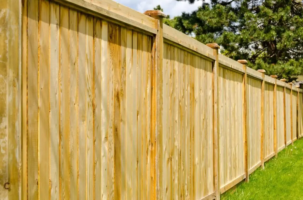 affordable fence installation. wooden fence with green lawn and trees