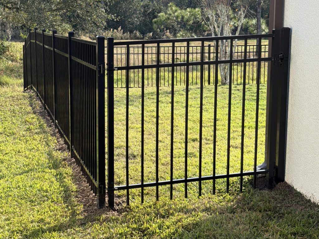 aluminum fence tree behind black fence 