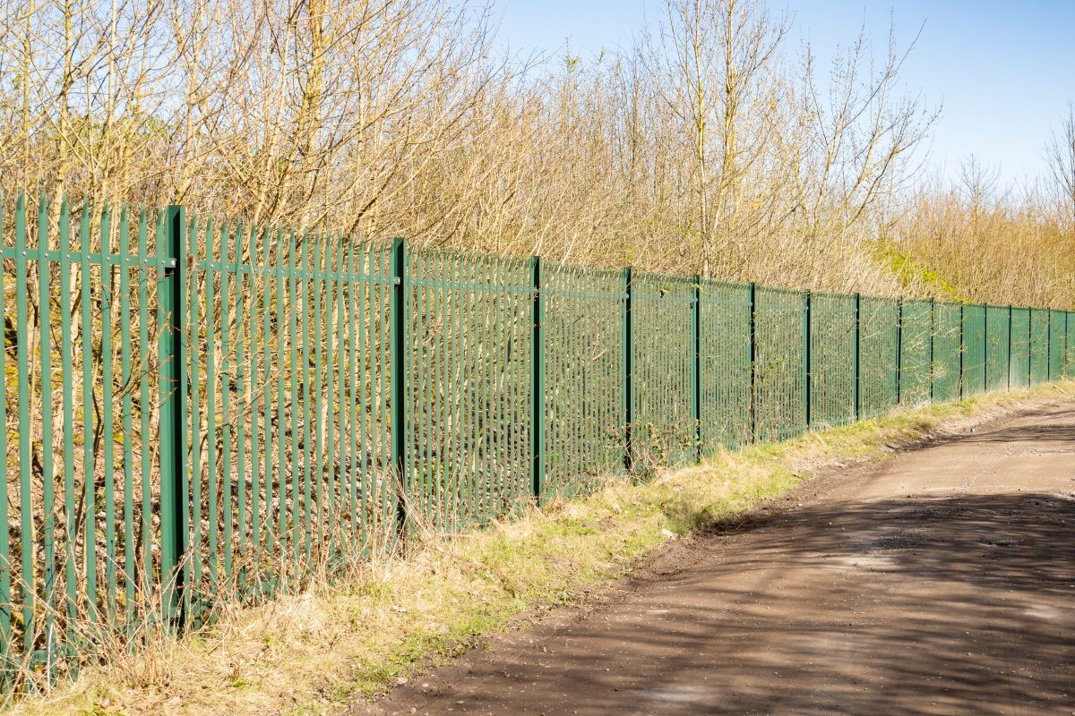 green palisade security fencing against a bright blue sky