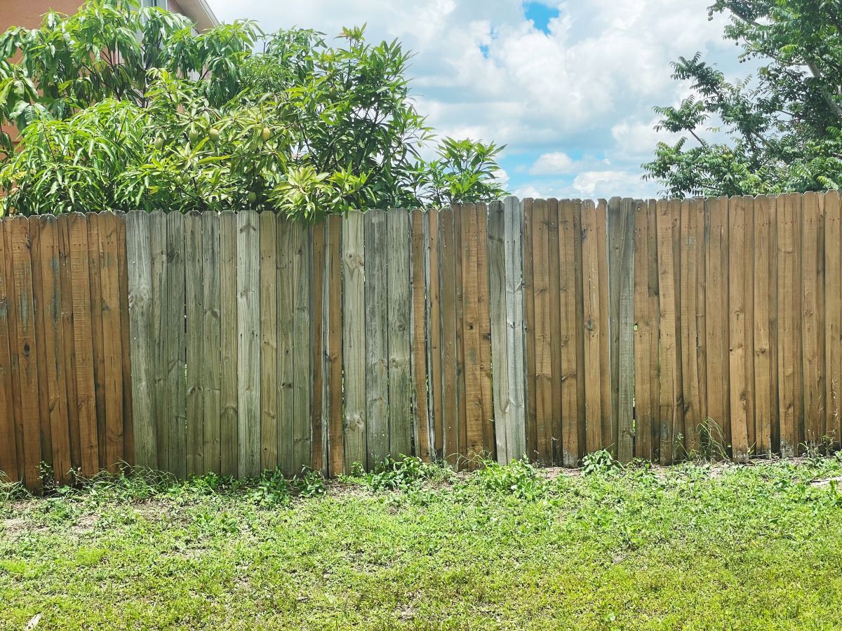 old and worn wooden fence and green grass